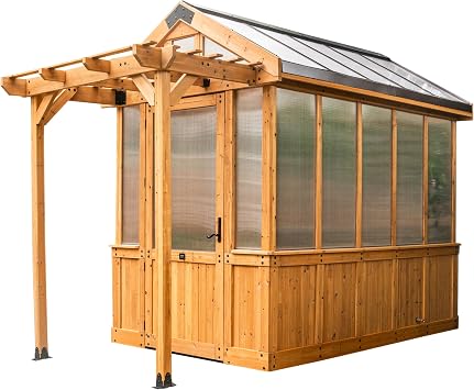 Backyard Discovery Bellerose 9 x 6 Cedar Wood and Polycarbonate Walk-in Greenhouse Kit with Pergola, Exhaust Fan, Windows, Hose Hook-Ups, PowerPort, Staging Shelves for Year-Round Outdoor Gardening