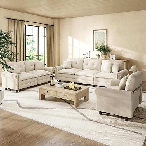 HERA'S HOUSE 3 Pieces Modular Sectional Sofa Sets, Oversized Couch Set with Loveseats, Comfy Cloud Couches with Throw Pillows, 6-Seater Deep Seat Sofa for Living Room, Chenille Beige