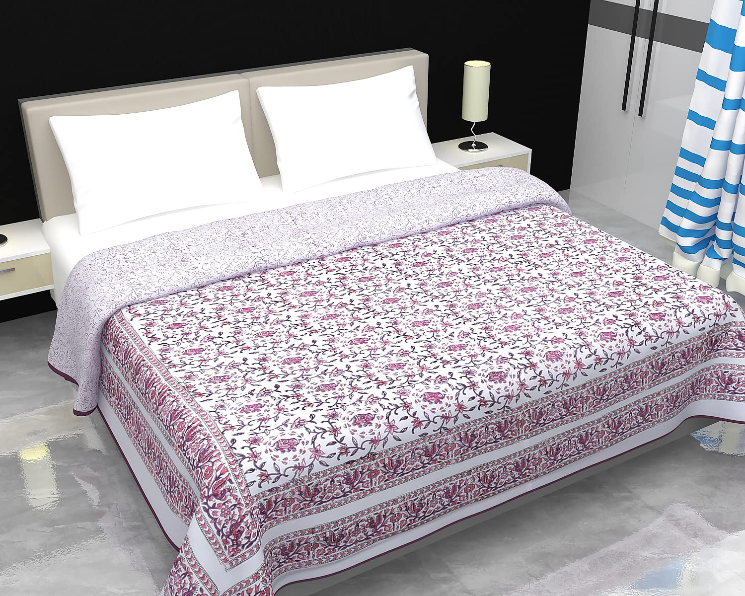 Reversible 100% Cotton Lightweight Blanket, Indian Blanket, AC Blanket Throw, 90x 108'' (Pink-Floral net)