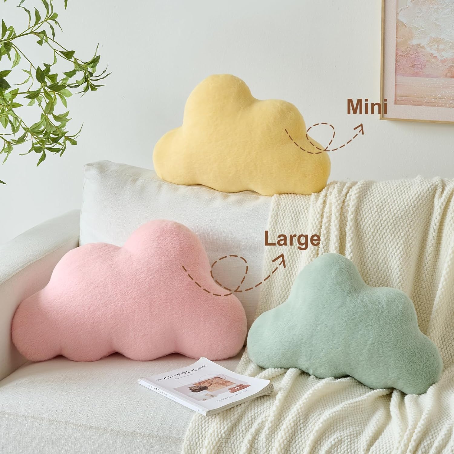 Cloud Pillows, Decorative Throw Pillow with Soft Plush for Couch Bed, Cloud Shaped Pillow Room Decor with Fluffy Faux Rabbit Fur for Living Room Bedroom (Pink, 14.5x22.4 Inches)