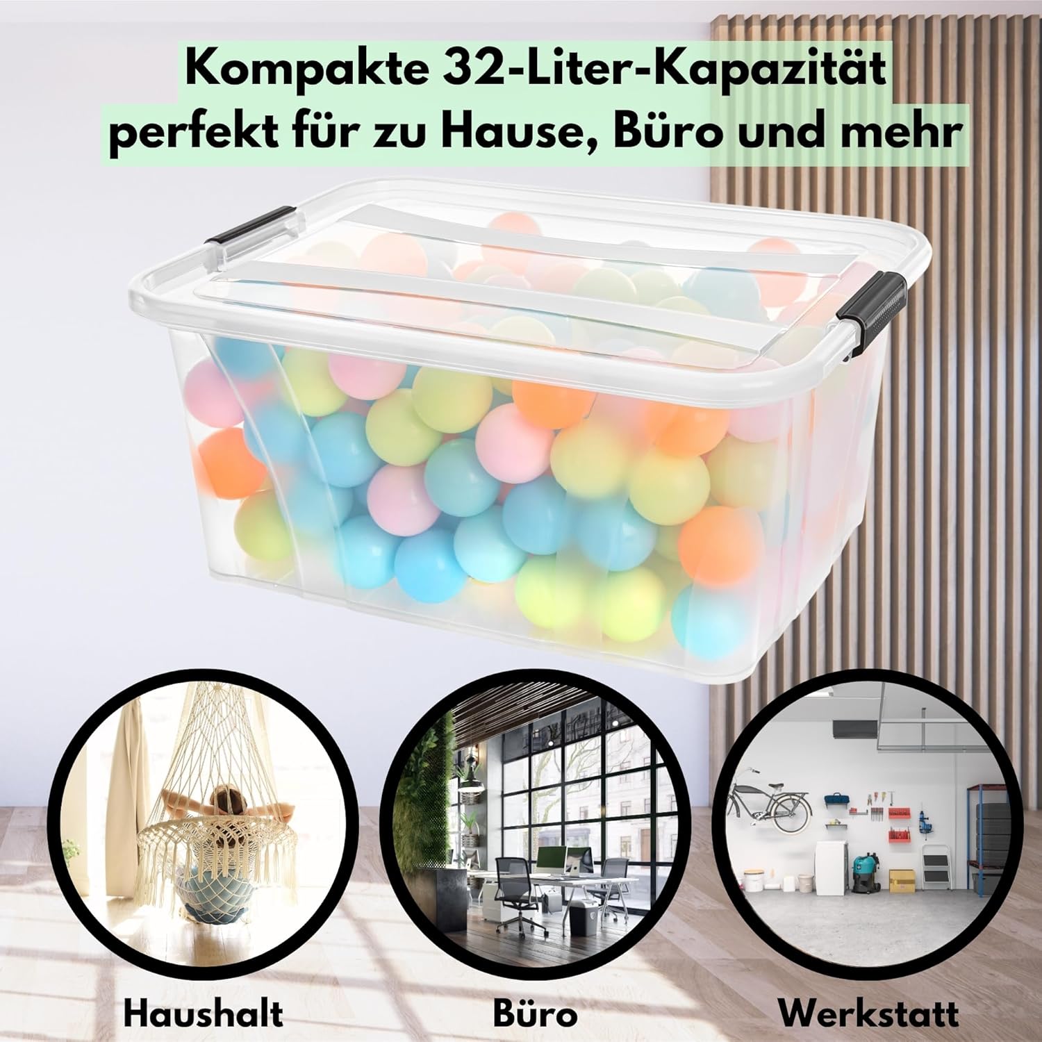 Storage Boxes with Lid, 7L, 14L, 21L, 32L, 55L, 80L Plastic Boxes, Click Closure, Stacking Boxes, Set of 1/3, Food-Safe, Transparent, Household & HVAC Buying Block (1 x 32 Litre & 1 x HLKauf-Block)