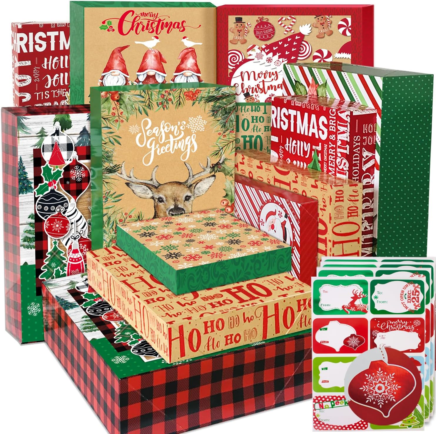 12 Christmas Gift Wrap Boxes with Lids for wrapping Large Clothes and 80 Count Foil Christmas