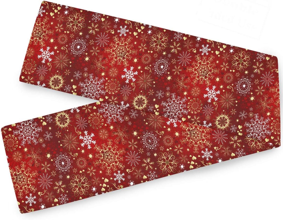 Christmas Winter Snowflake Table Runner 13x70 Inches Double Sided Luxurious Gold Red Snowflakes Table Runners Cloth Placemats Washable Fabric for Kitchen Dining Party Home Decor