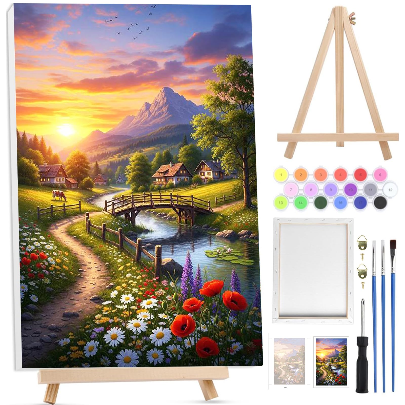Bowetile Easter Paint by Numbers for Adults with Framed Canvas&Wooden Easel,Scenery Painting by Number Kit for Adults Beginners Canvas Kit,Color Oil Painting Acrylic Paints for Home Wall Decor20x30cm