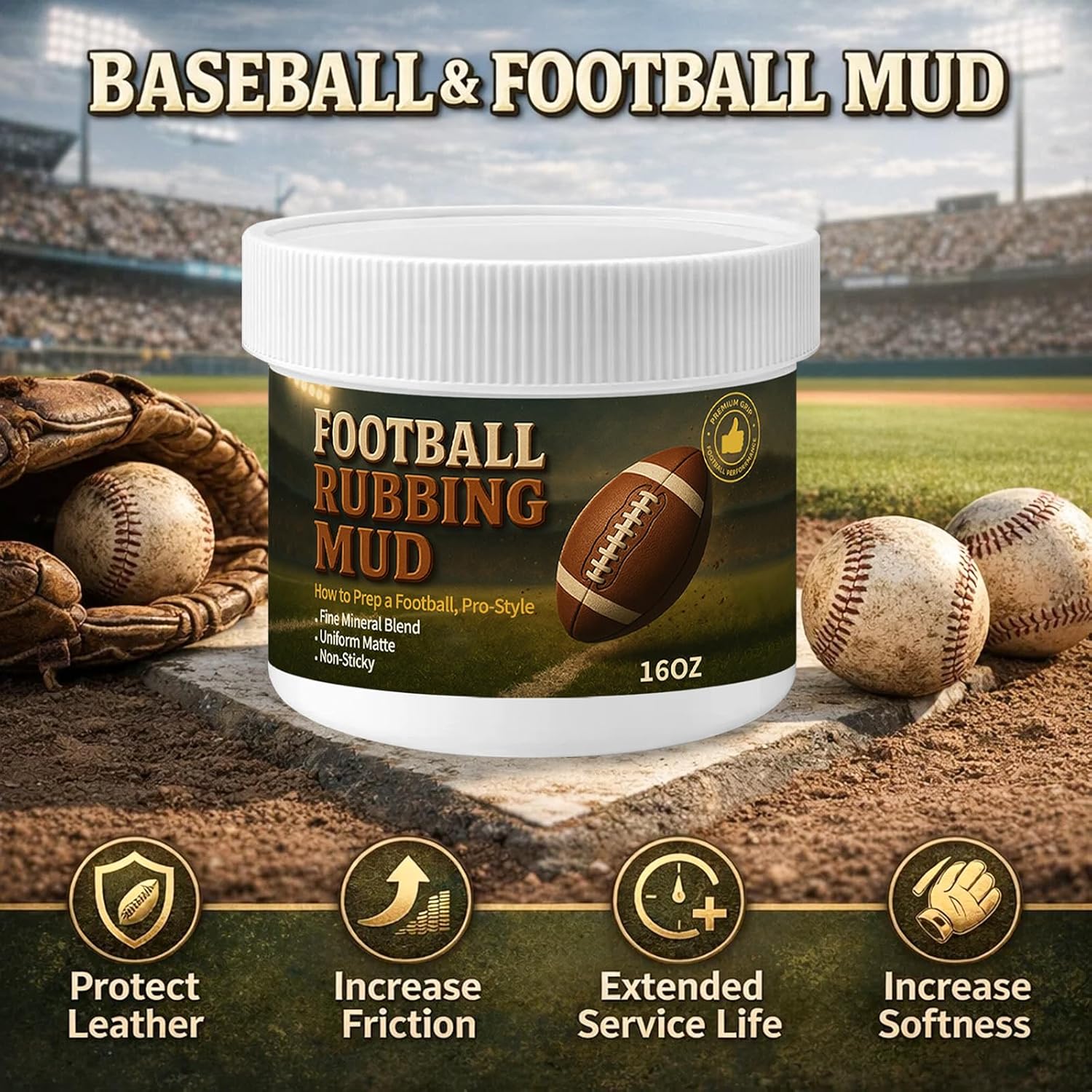 Baseball Mud 16oz, Baseball Rubbing Mud for Leather Baseball Prep, Baseball Prep Mud for Breaking in New & Used Baseballs, Game Day Practice Baseball Conditioning for Teams