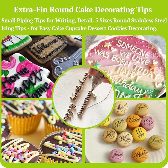 Suuker Extra-Fine Round Piping Tips Set, Seamless Stainless Steel Small Icing Tips Cake Decorating Tip Piping Nozzles, Cake Writing Tool for Easy Cake Cupcake Dessert Cookies Decorating, 5 Pieces