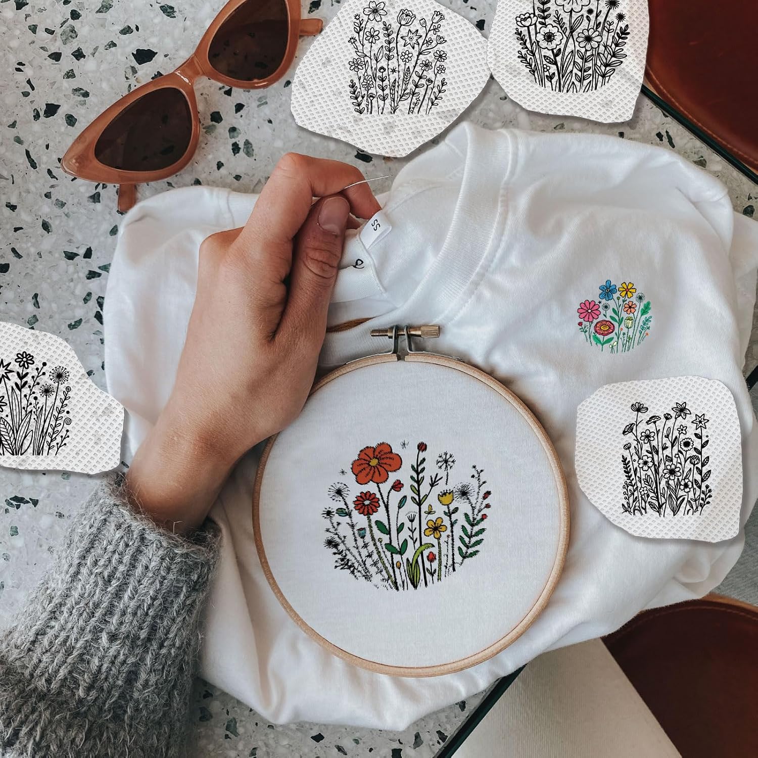 18Pcs Embroidery Paper Flowers Water Soluble Stabilizer Patterns Floral Stick and Stitch Embroidery Papers Wash Away Transfer Patterns Stabilizers for Hand Sewing Beginners 11.7 x 8.3 Inch