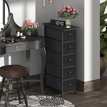 GiftGo Narrow Dresser Vertical Slim Dresser Chest of Drawers Skinny Storage Tower for Small Spaces Gaps Closet Bedroom Bathroom Small Fabric Drawer Unit Charcoal Black, 5 Drawers