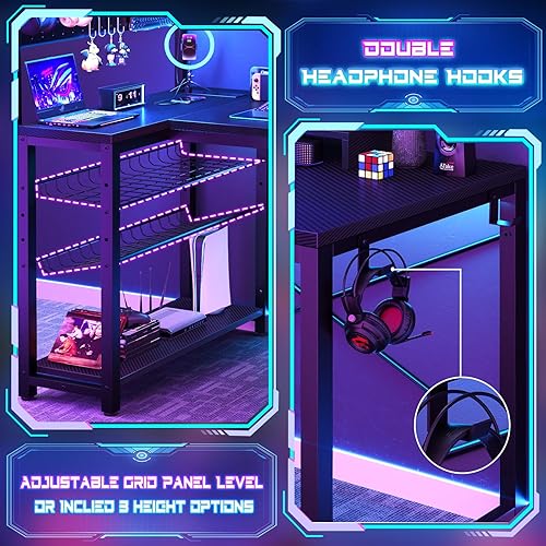 Miniatura 4 de Homieasy Escritorio pequeño para juegos con tomas de corriente, tablero de clavijas, luz LED, escritorio de computadora en forma de L de 43 pulgadas