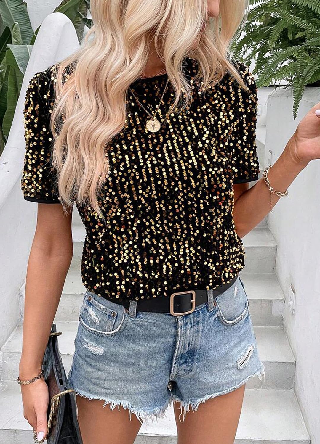 Women's Sparkle Sequins T Shirts Casual Short Sleeve Top Shimmer Going Out Rave Top Tee - Image 2