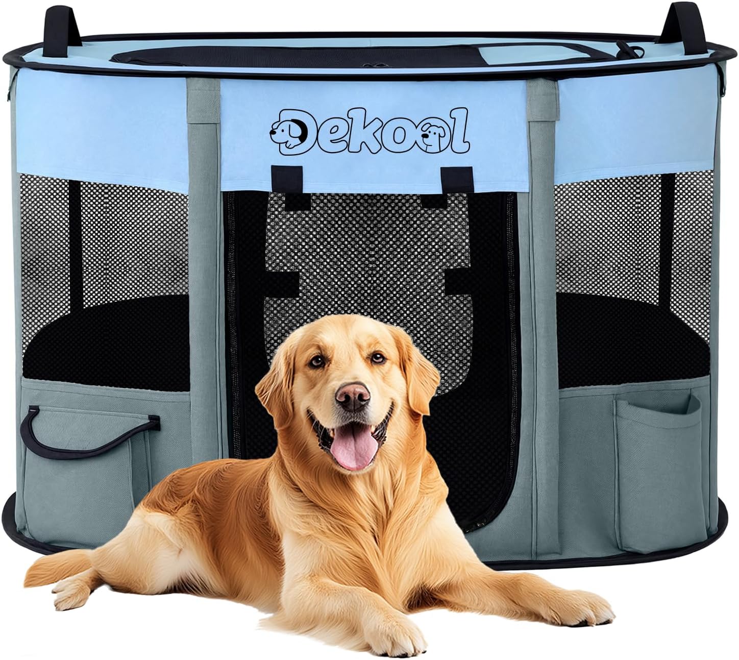 foldable dog cat playpen, portable dog crate for puppies, cat, puppy play pen for indoors, kennel tent crate for indoor outdoor travel camping use with carrying case (blue, l) blue large(44"x34"x23")