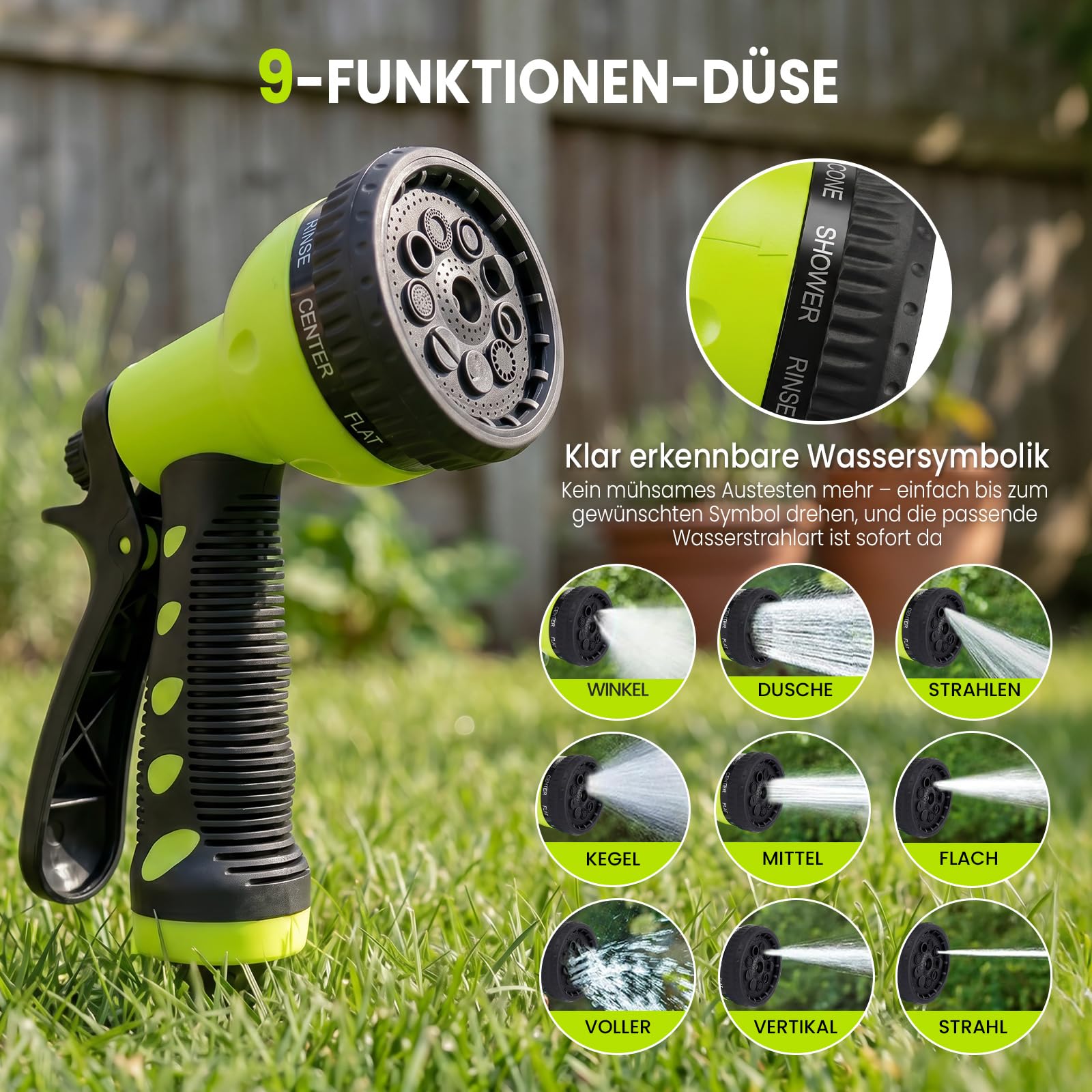 Schlauchtrommel 40m+2m, Gartenschlauch Trommel mit 180° Schwenkbarer, Wand-Schlauchbox mit 9-Funktionen Gartenbrause, Automatischem Rückzugssystem und Arretierung in Jeder Länge für Garten