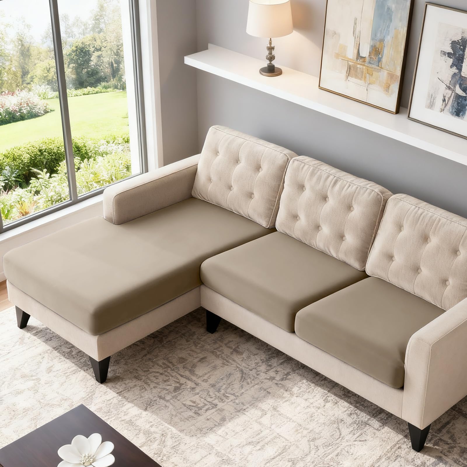 TAOCOCO Sectional Couch Covers Stretch Couch Cushion Covers for Sectional Sofa Chaise L Shape, 3 Pieces Sectional Seat Covers Soft Washable Furniture Protector(2 Seater + 1 Chaise, Taupe)