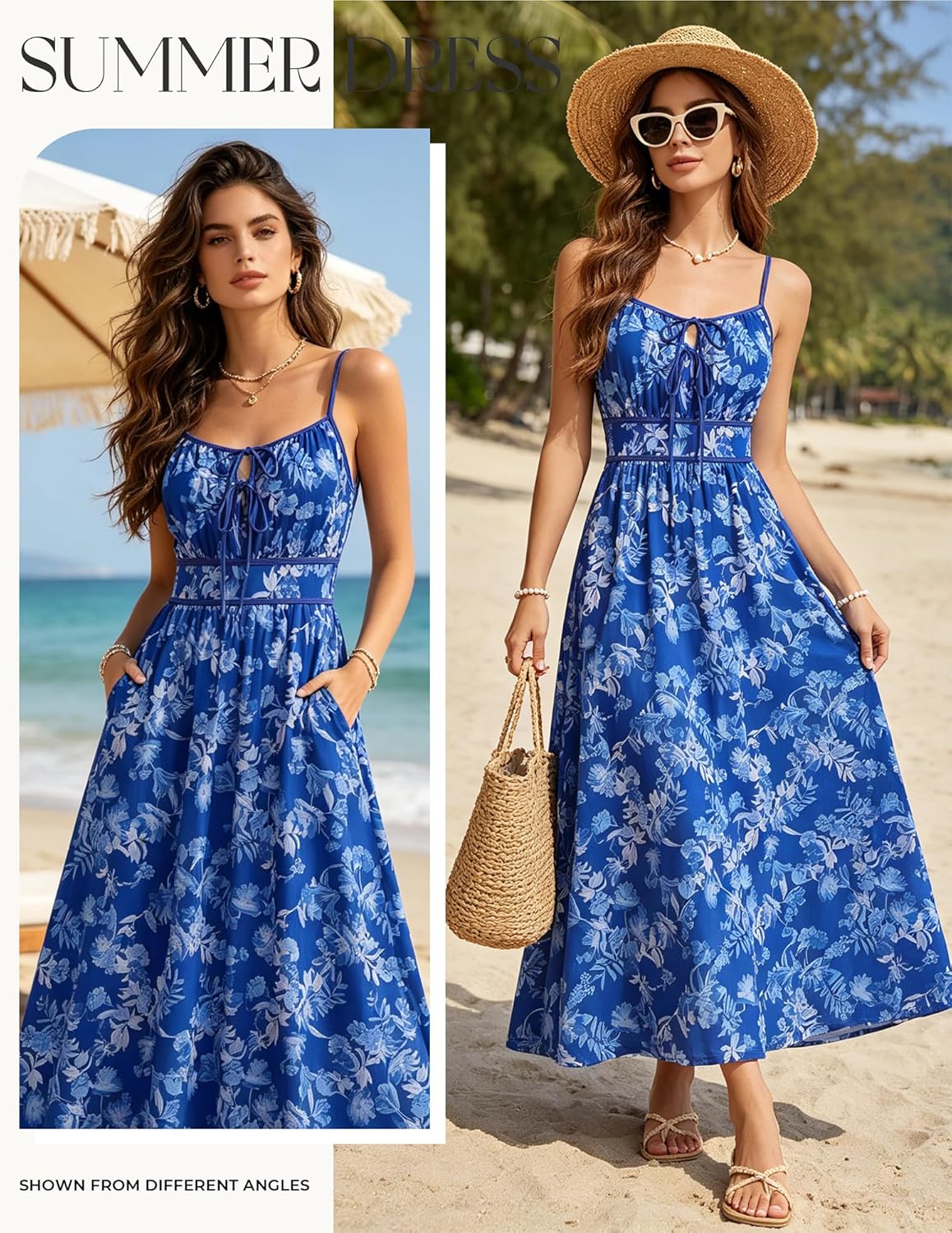 GRACE KARIN 2026 Women's Summer Maxi Floral Dress, Spaghetti Strap Tie Front Boho Sundress with Pockets