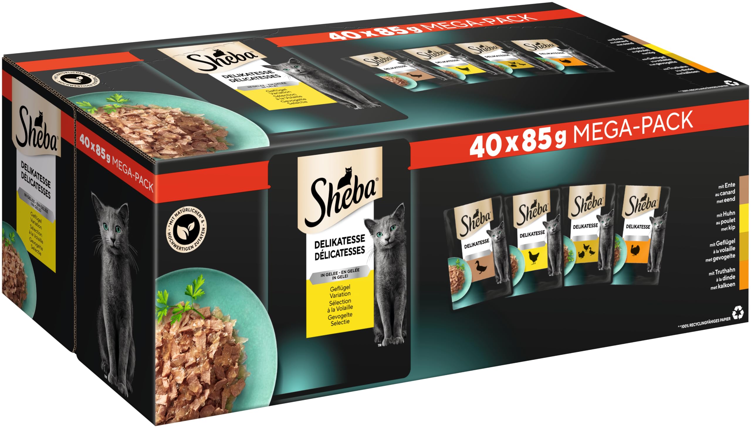 Sheba Delikatesse in Gelee, Katzen Nassfutter mit feiner Geflügelauswahl, 40 x 85g