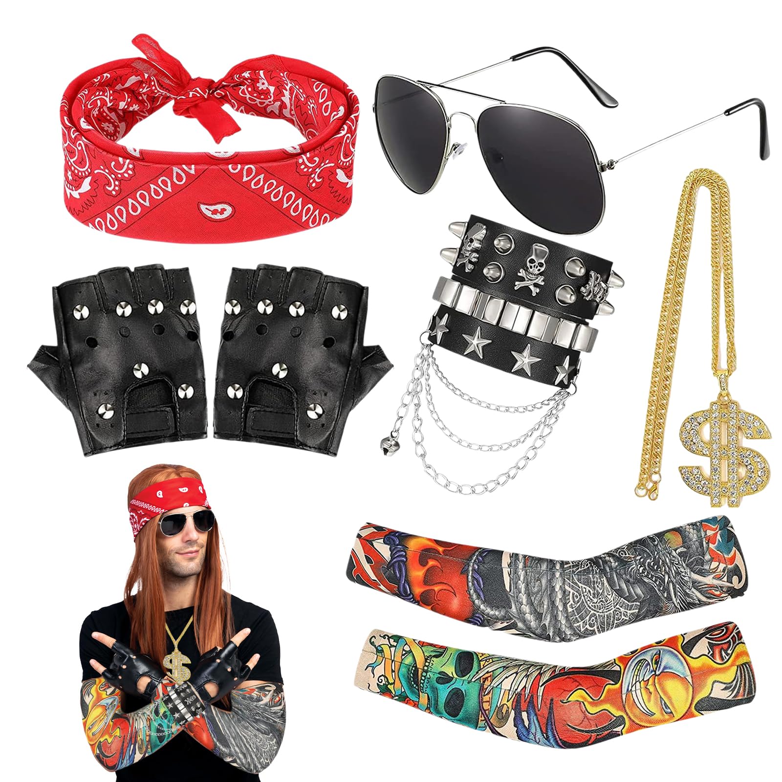 KIKAWORD 7PCS Rock Star Fancy Dress,Punk Rockstar Costume Set,Punk Rockstar Accessories, Sleeves, Gloves, Headscarf, Bracelets, Necklace, Glasses