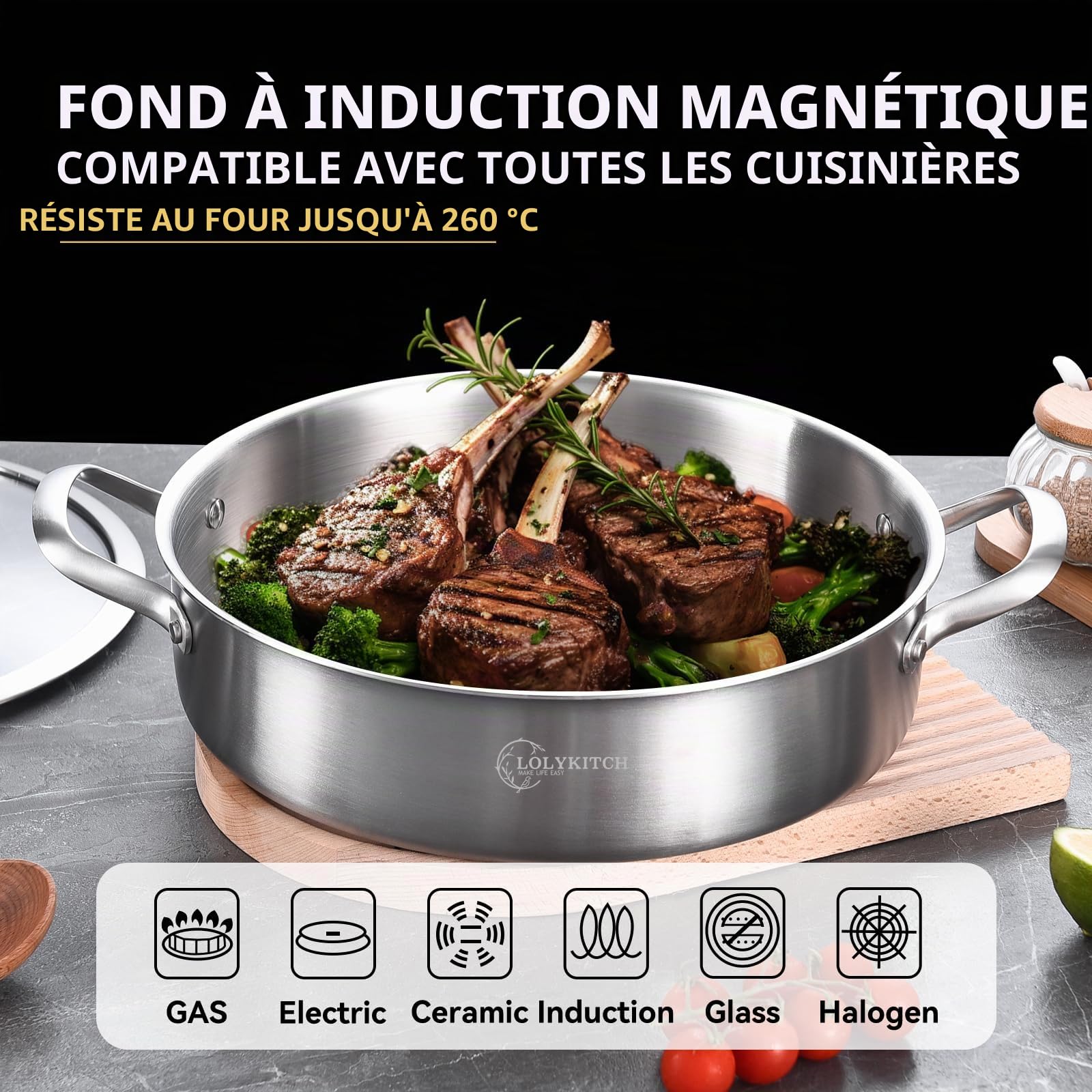 LOLYKITCH Sauteuse 28 cm en acier inoxydable triple épaisseur, capacité 5 L | Acier Inoxydable avec Couvercle en Verre ,Sans Revêtement Antiadhésif , Compatible Induction et Tous Feux ,Sans PFAS