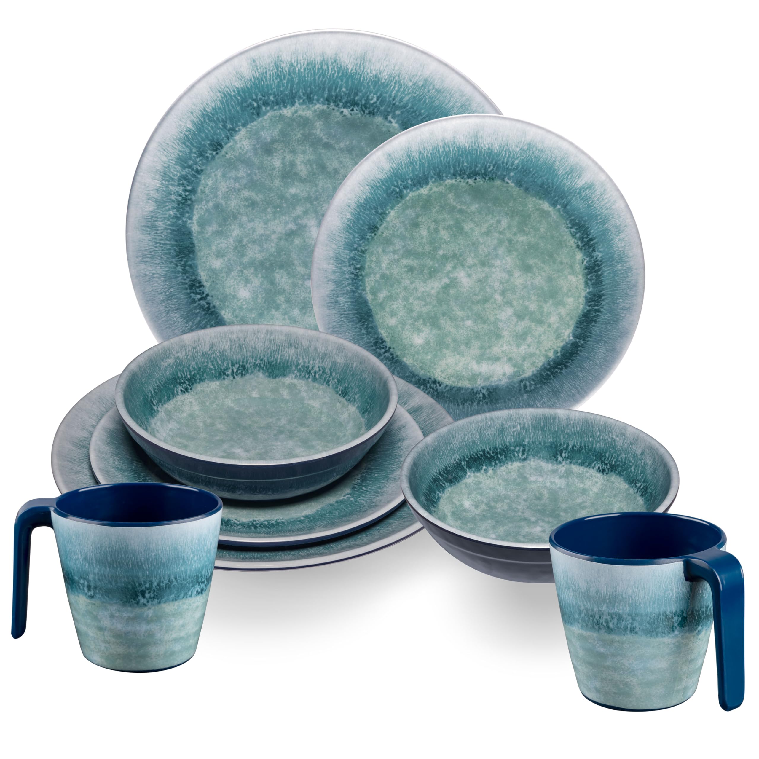 Vaisselle en mélamine Adria Blue pour 2 personnes - Bleu - Aspect faïence - Passe au lave-vaisselle - Accessoires de camping - Camping - Festival - Pique-nique - Fête de jardin