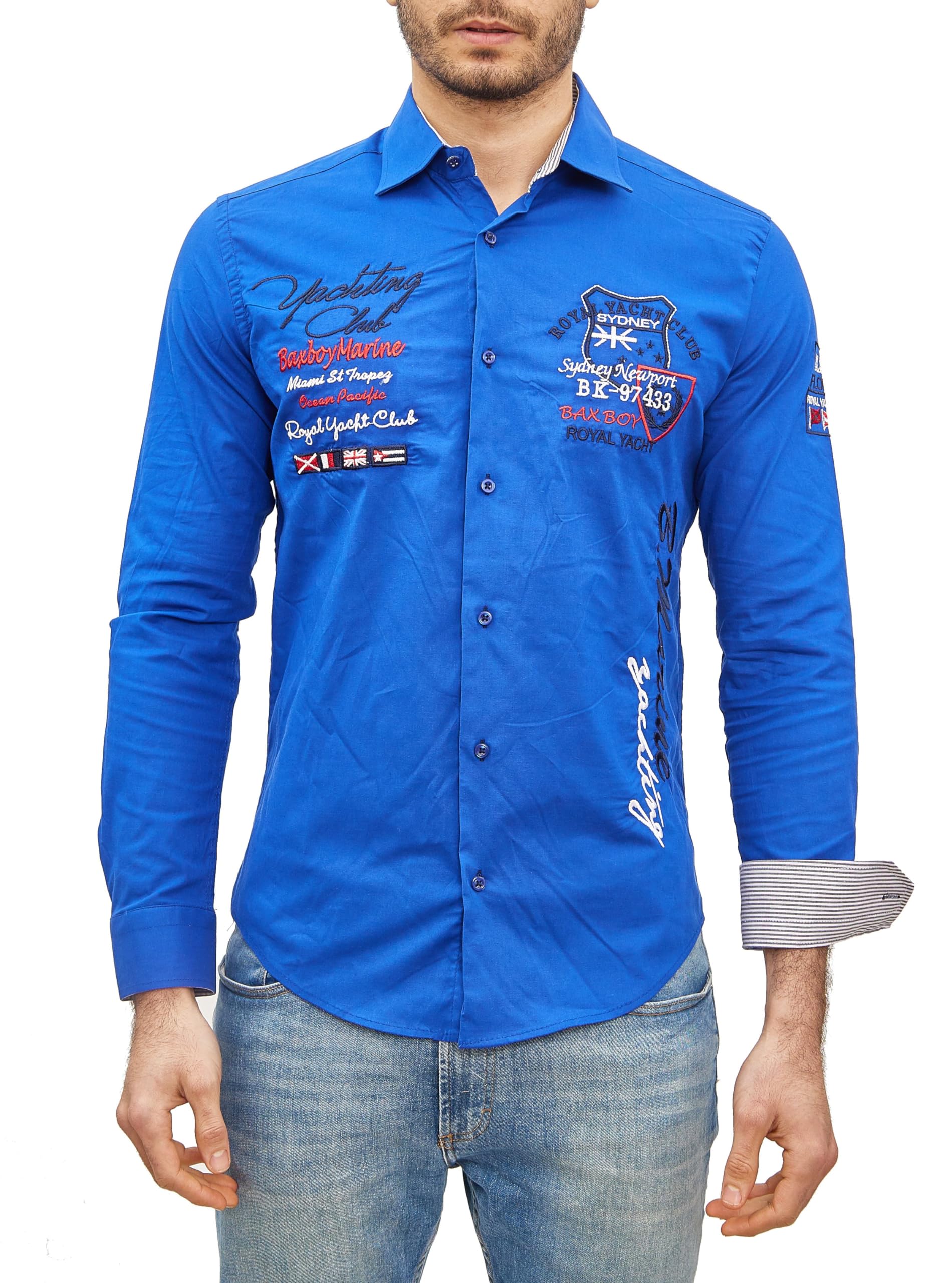 Subliminal Mode – Camisa bordada moderna y moderna con cuello Kent de manga larga a rayas, corte ajustado BX508