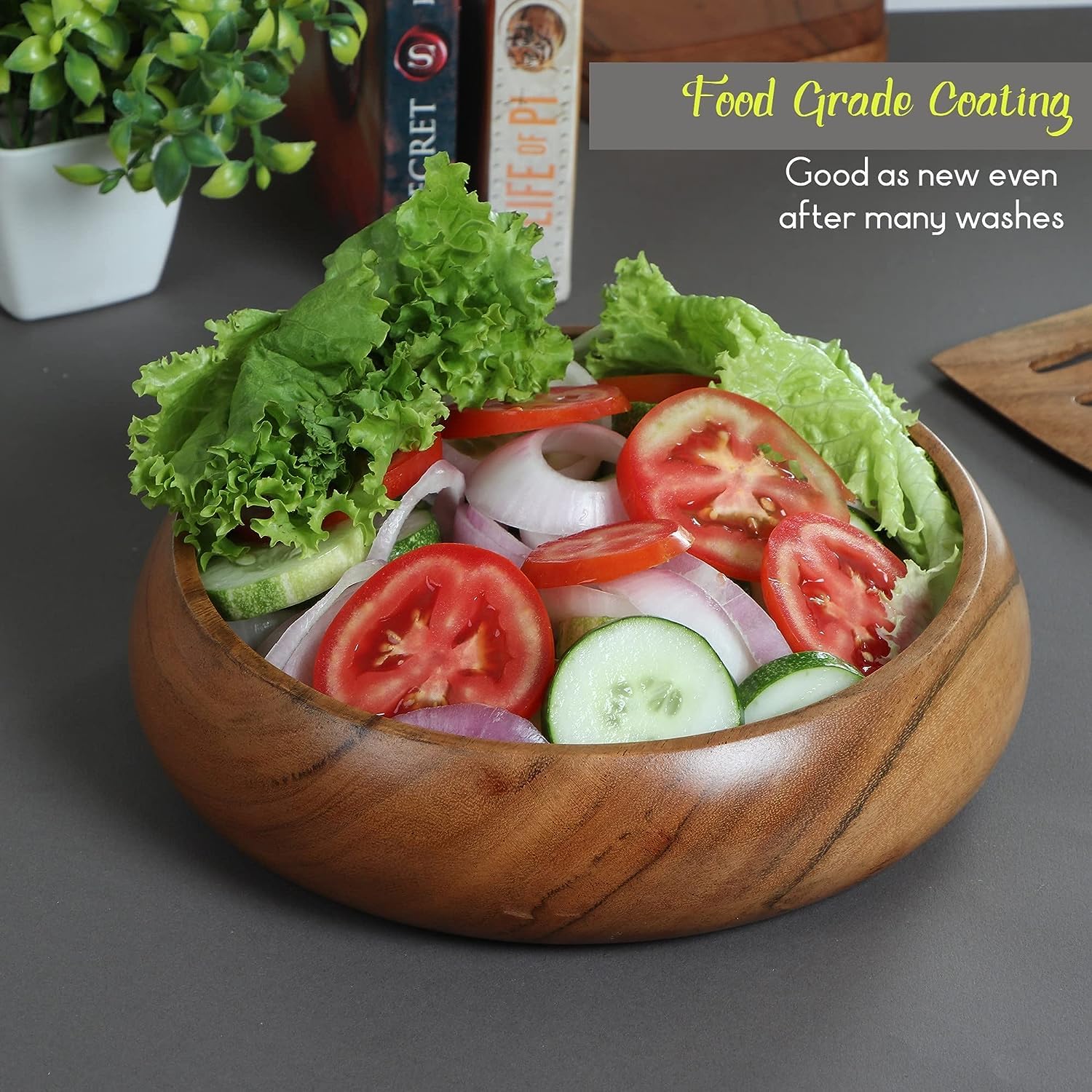 Lot de 2 bols à salade en bois d'acacia - Grands bols individuels de 20,3 x 5,1 cm (708,7 g) avec revêtement en bois de qualité alimentaire | Assiettes sans joint en bois pour aliments