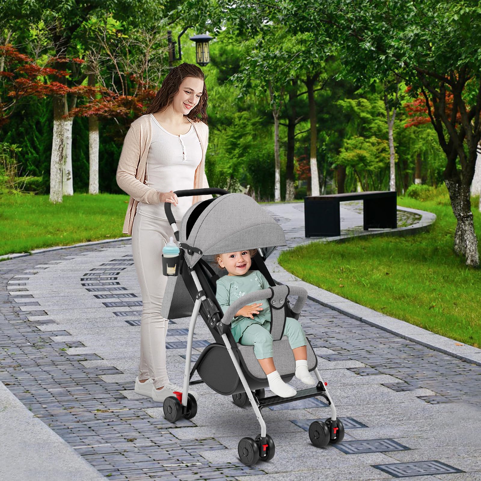 Poussette canne compacte Ingenious,avec position allongée,de la naissance à 4 ans (Jusqu’à 25 kg), 47 * 72 * 97cm, canapé, avec moustiquaire, porte-gobelet, GRIS