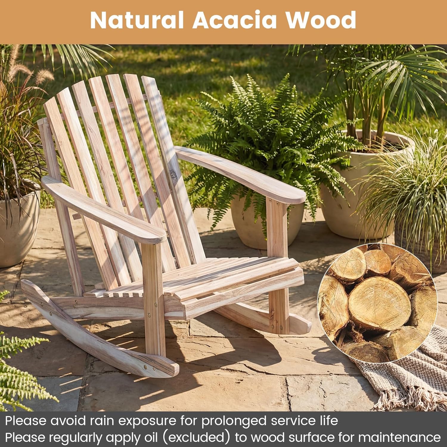HAPPYGRILL Adirondack Rocking Chair Acacia Wood Porch Rocker with High Backrest, Wide Armrests and Sloped Seat, Outdoor Rocking Chair for Patio, Lawn, Garden and Deck, 400 lbs (2)