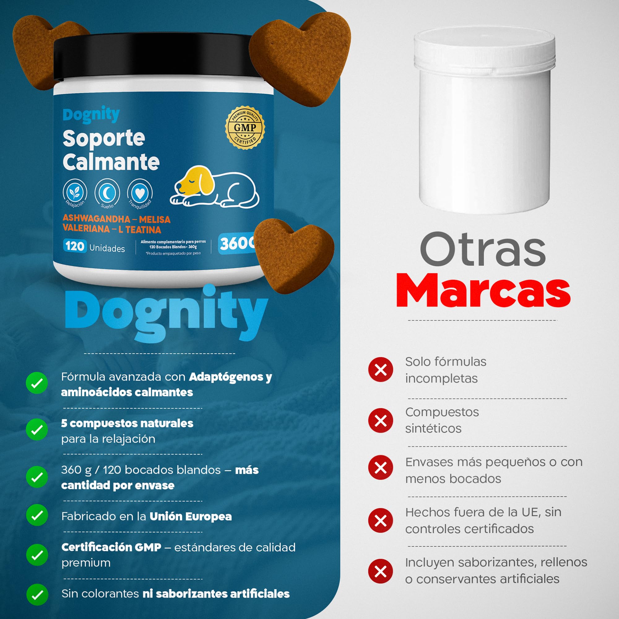 Calmante Perros Bocados Ansiedad Separación Estrés Petardos Triptófano GMP+ | Suplemento Natural con Valeriana Ashwagandha Magnesio Melisa L-Triptófano 5 Activos Naturales para Calma Emocional Blandos