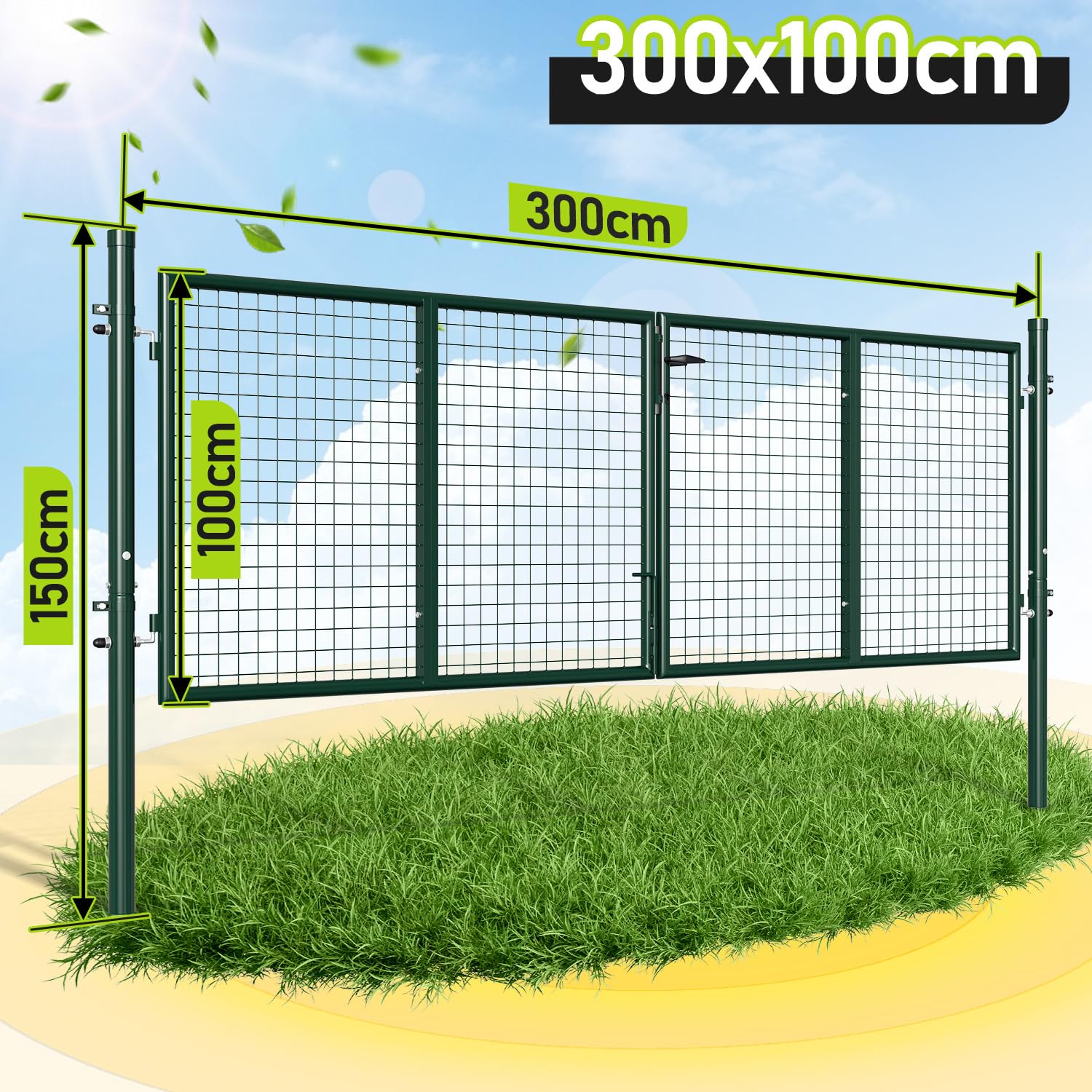 Cancello da giardino in metallo, porta a doppio battente, 300x100 cm, tubo tondo, fai da te, patchwork, incluso il lucchetto, per recinzione a doghe (verde).
