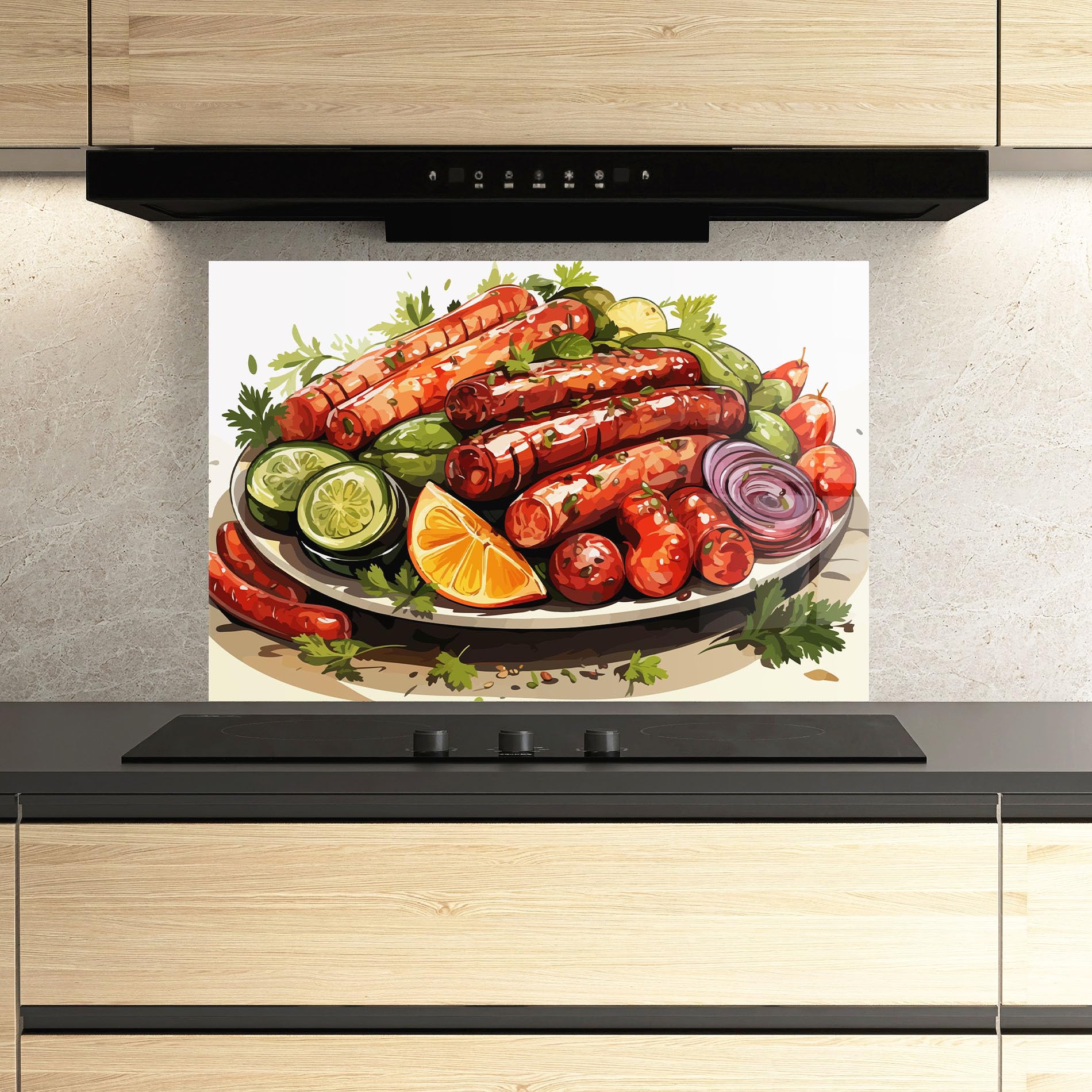 ARTHUB® Küchenrückwand aus Glas 50x70 cm, Tasty Sousages | Spritzschutz, Fliesenspiegel, Glasplatte, Herdspritzschutz, Wandschutz für Herd, Küche, Hartglas, Lebensmittel, Essen