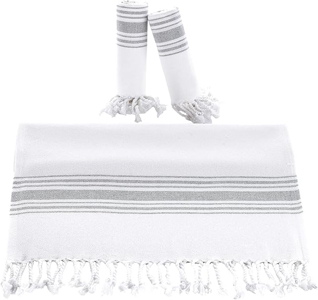 Turkish Hand Towel Set (Pack of 3) Boho Kitchen Towels, Decorative Farmhouse Towels for Bathroom, Fringe Tea Dish Cloth Set, Quick Dry and Highly Absorbent (18 x 38 inches) (Dark Navy) (Grey)