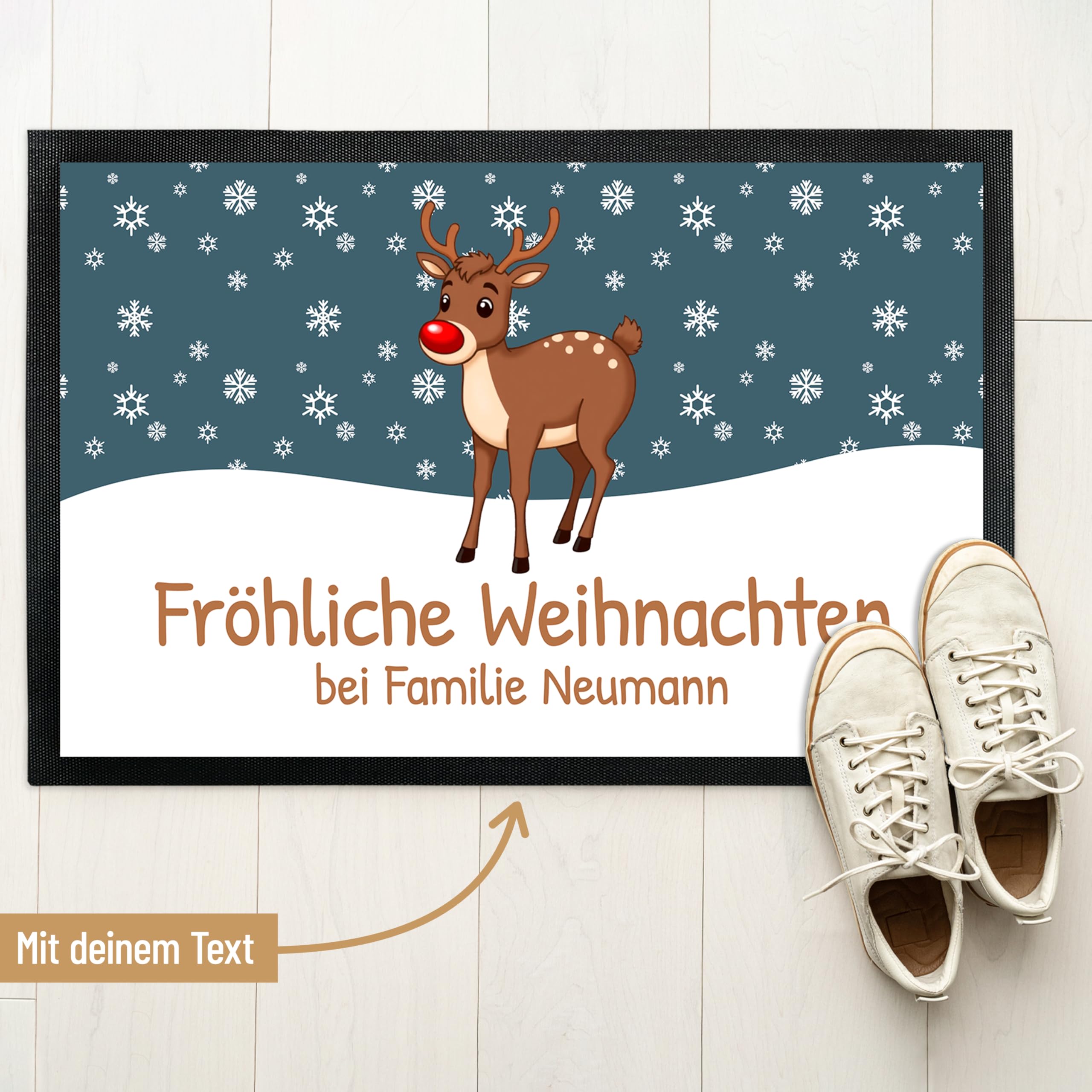 Fußmatte „Fröhliche Weihnachten“ mit Rentier-Motiv - für Innen & Außen – rutschfest, dünn & saugfähig - Türmatte - Eingangsbereich Deko - Geschenk für die Adventszeit oder zu Weihnachten, 60 x 90 cm