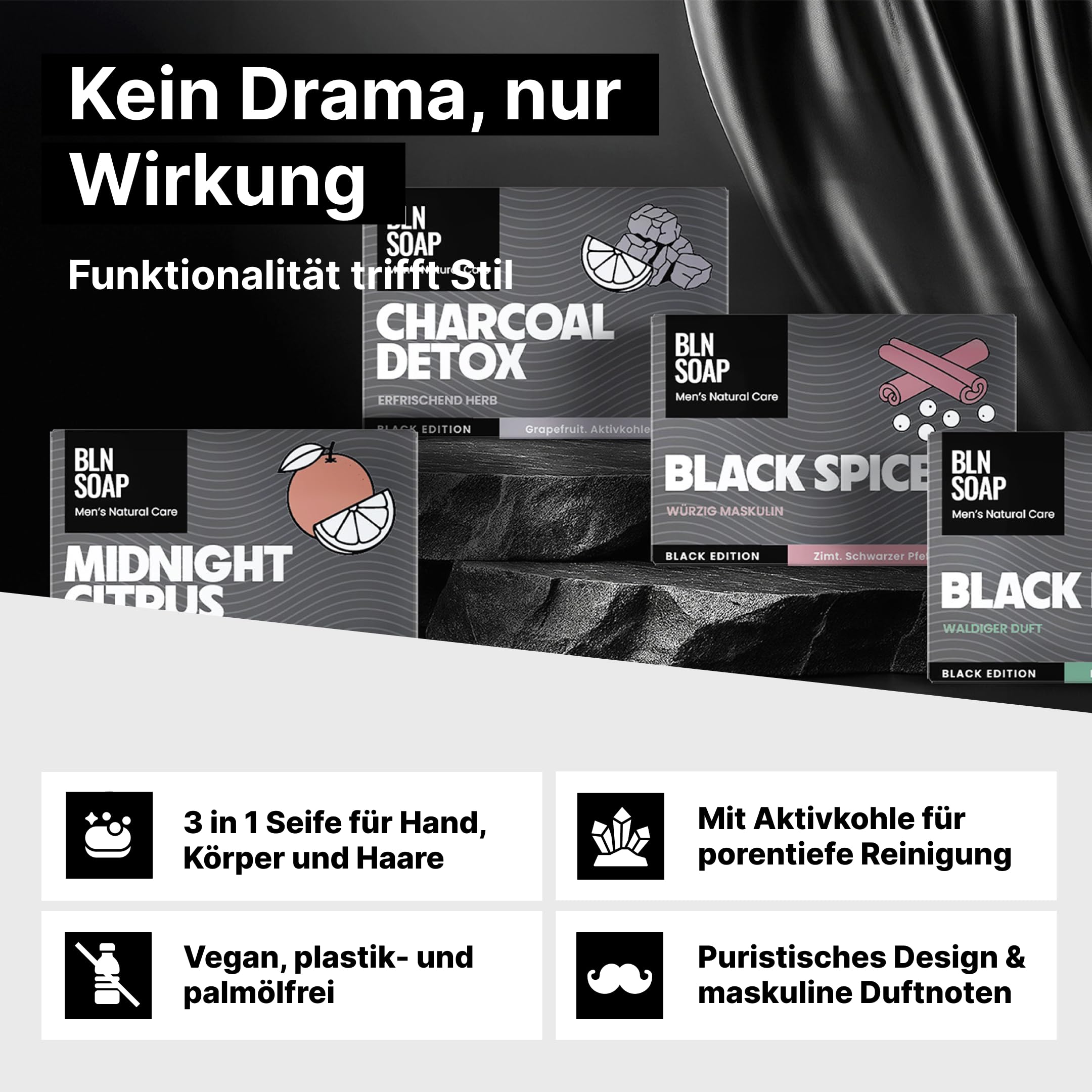 Männerseifen-Set Black Edition: Natürliche feste Seifen für Männer, Geschenkset Herren, 3-in-1 Duschseife für Hand, Körper und Haare, Shampoo Mann, Festes Duschgel Vegan, 4 x 135 g, BLN SOAP