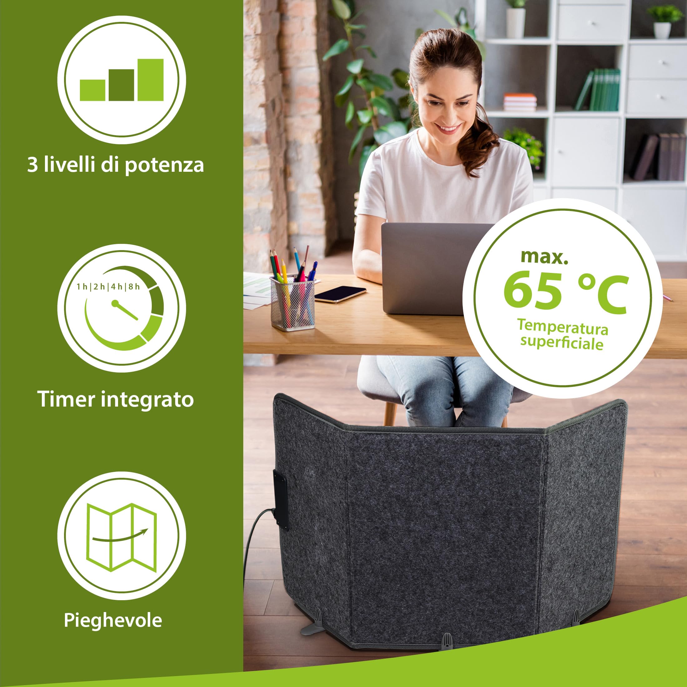 Mi-Heat Pannello Infrarossi Riscaldamento Pieghevole (260W) – Stufa Infrarossi per Home Office e Smart Working – Scaldagambe Elettrico Sotto Scrivania con Timer e 3 Livelli, Grigio