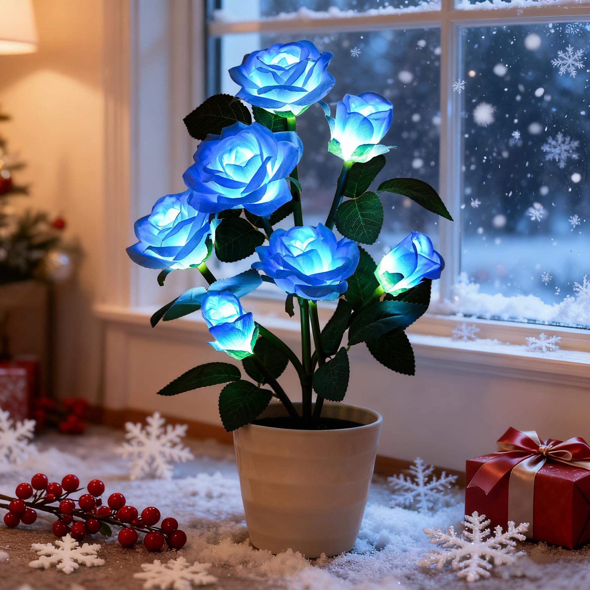 Blue Rose Flower Lamp Romantic Floral Table Decor Gifts for Women Mom