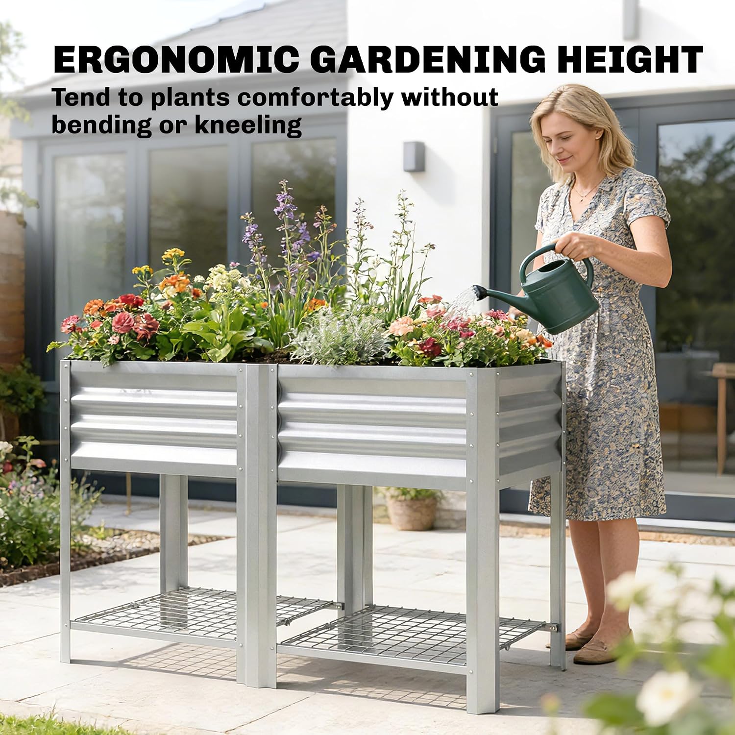 Outsunny Galvanized Steel Raised Garden Bed with Storage Shelf and Bed Liner, Elevated Planter Box with Legs for Flowers, Vegetables, and Herbs, for Outdoor Patio Yard, Glove Included, Silver