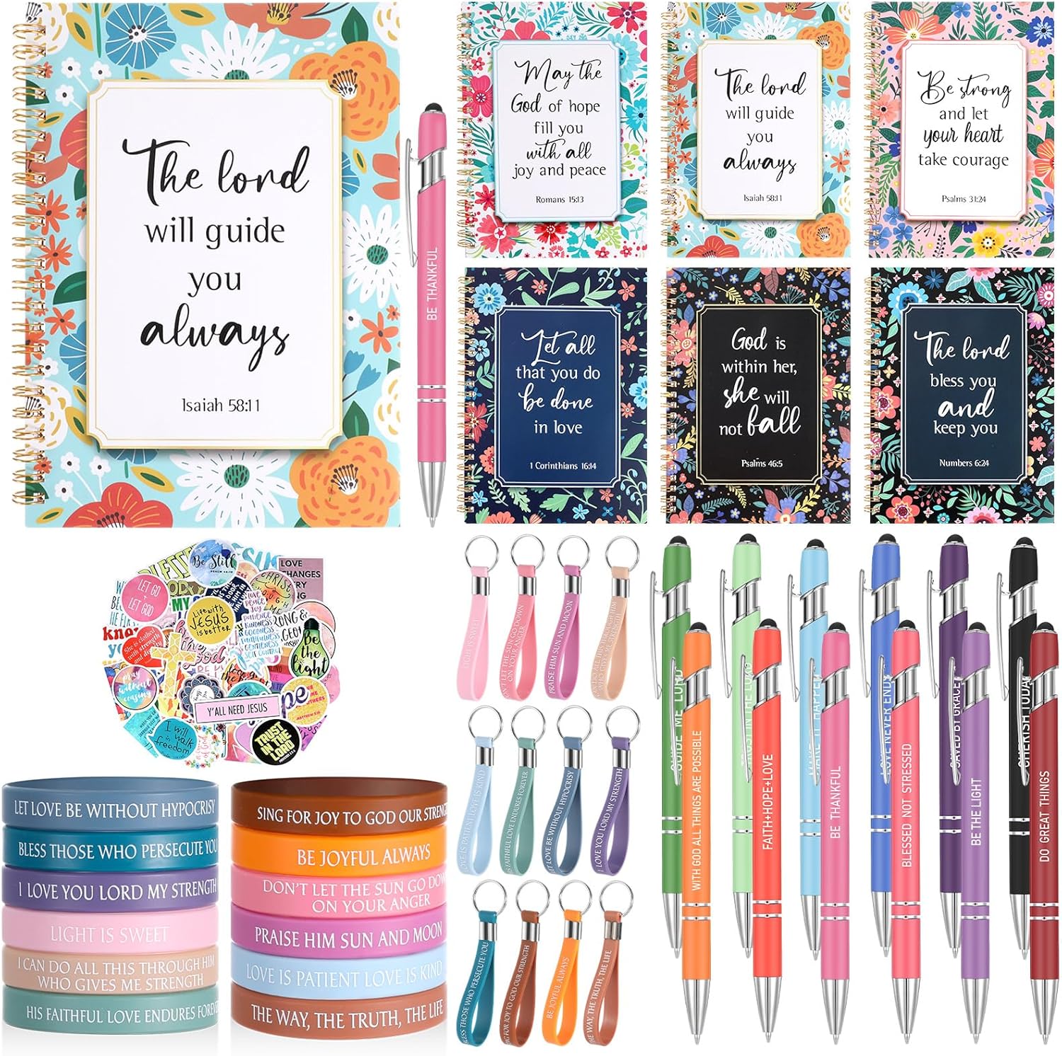 Zhanmai 146 Pcs Church Gifts for Women Bulk Bible Verse Notebooks and Pens Inspirational Keychain Religious Bracelets Stickers Christian Favors Gifts for Women Christmas