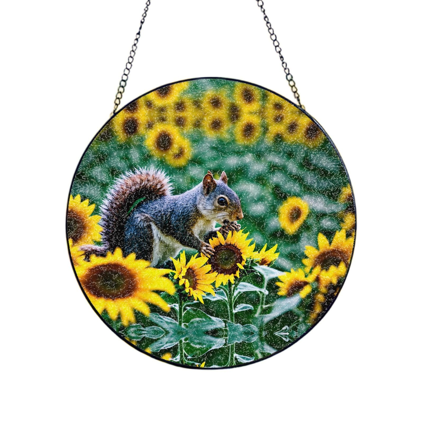 Poezjzw Stained Glass Window Hanging - Squirrel Eating Sunf Sun Catcher For Door Garden Home Decor Christmas Mother'S Day Birthday Gifts 6in（15cm）