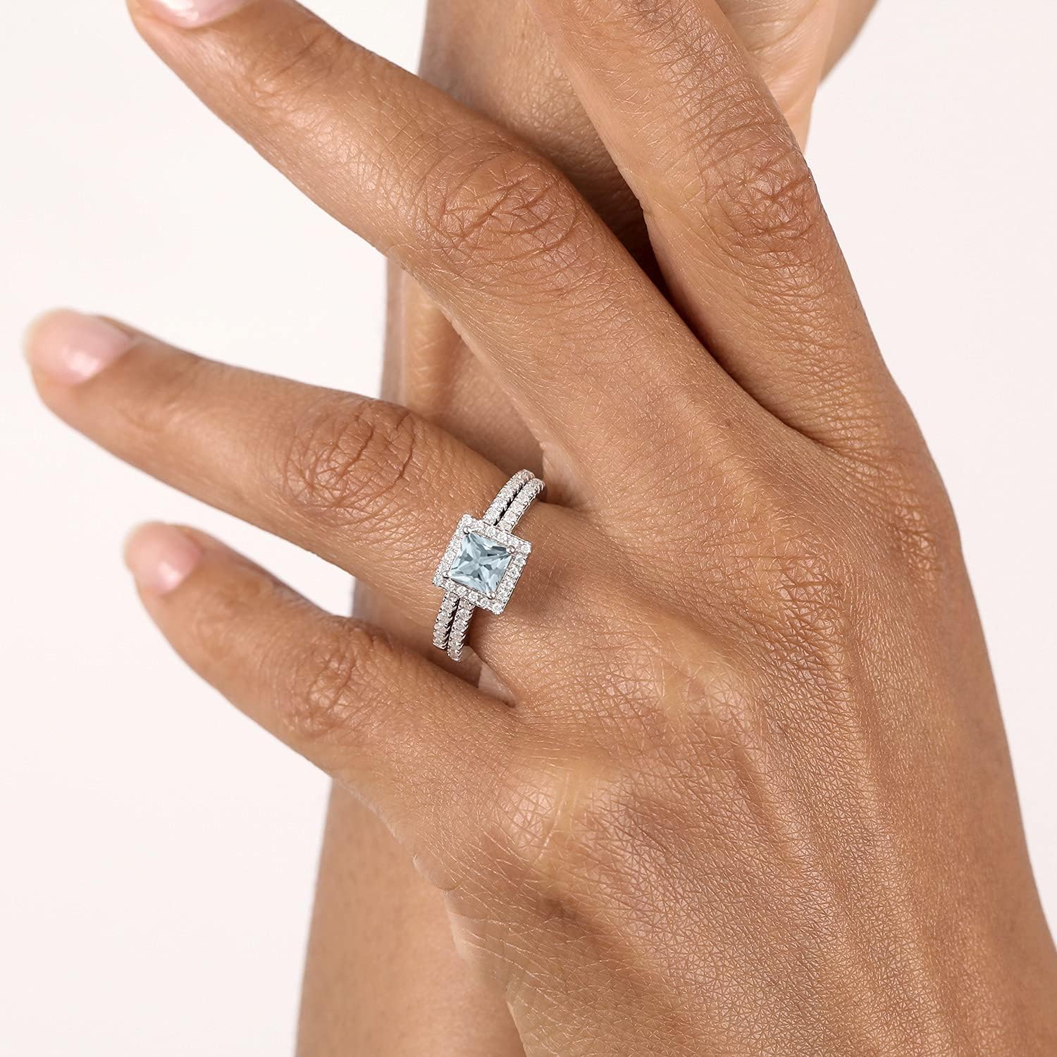 Gem Stone King 925 Sterling Silver Halo Bridal Ring Band Set for Women | 5MM Princess Cut Gemstone Birthstone with Round White Moissanite Accents | Wedding Engagement Anniversary Ring | Sizes 5, 6, 7,