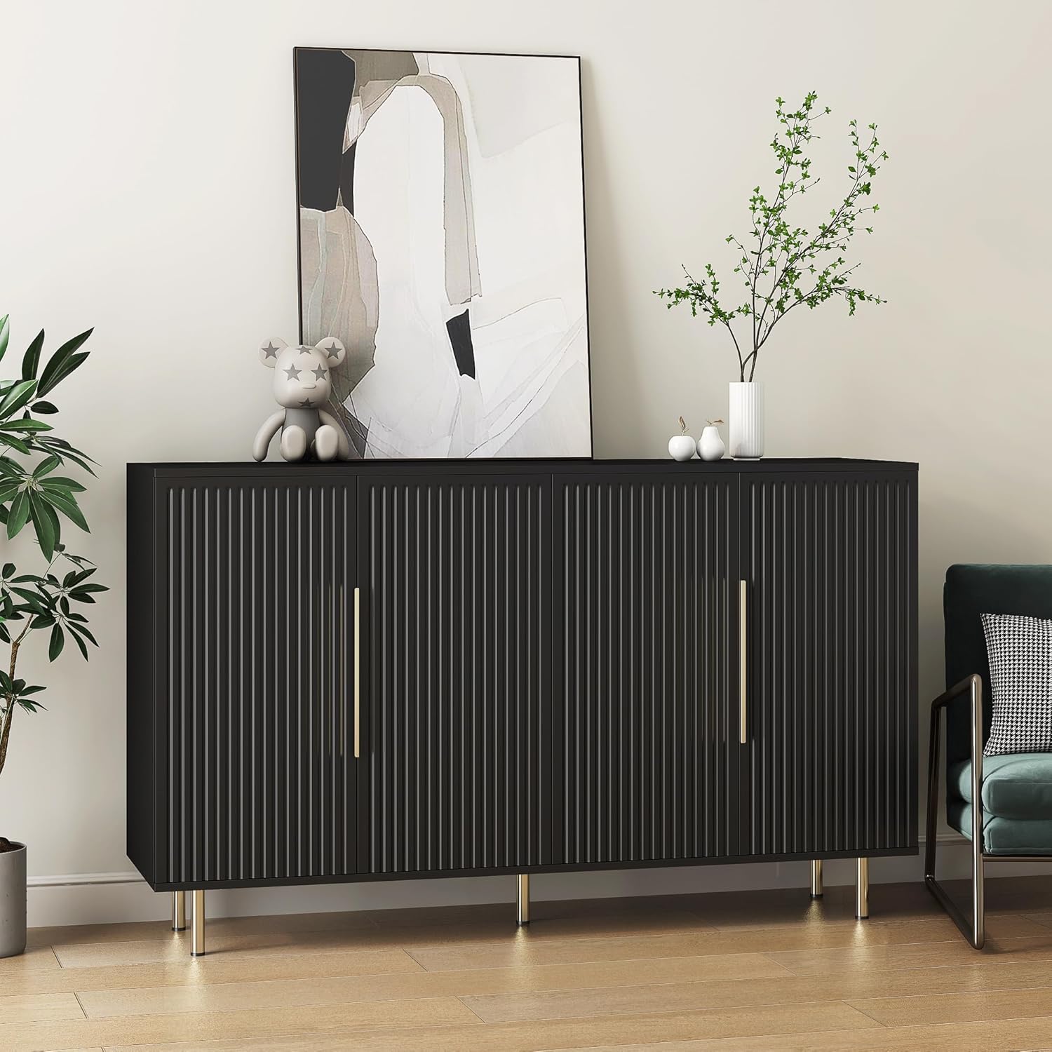 Bellemave 56.69" Modern Buffet Cabinet with Storage, Fluted Sideboard with Adjustable Shelves, Large Credenza TV Stand, Accent Console Table for Dining Room, Black