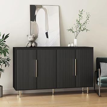 Bellemave 56.69" Modern Buffet Cabinet with Storage, Fluted Sideboard with Adjustable Shelves, Large Credenza TV Stand, Accent Console Table for Dining Room, Black