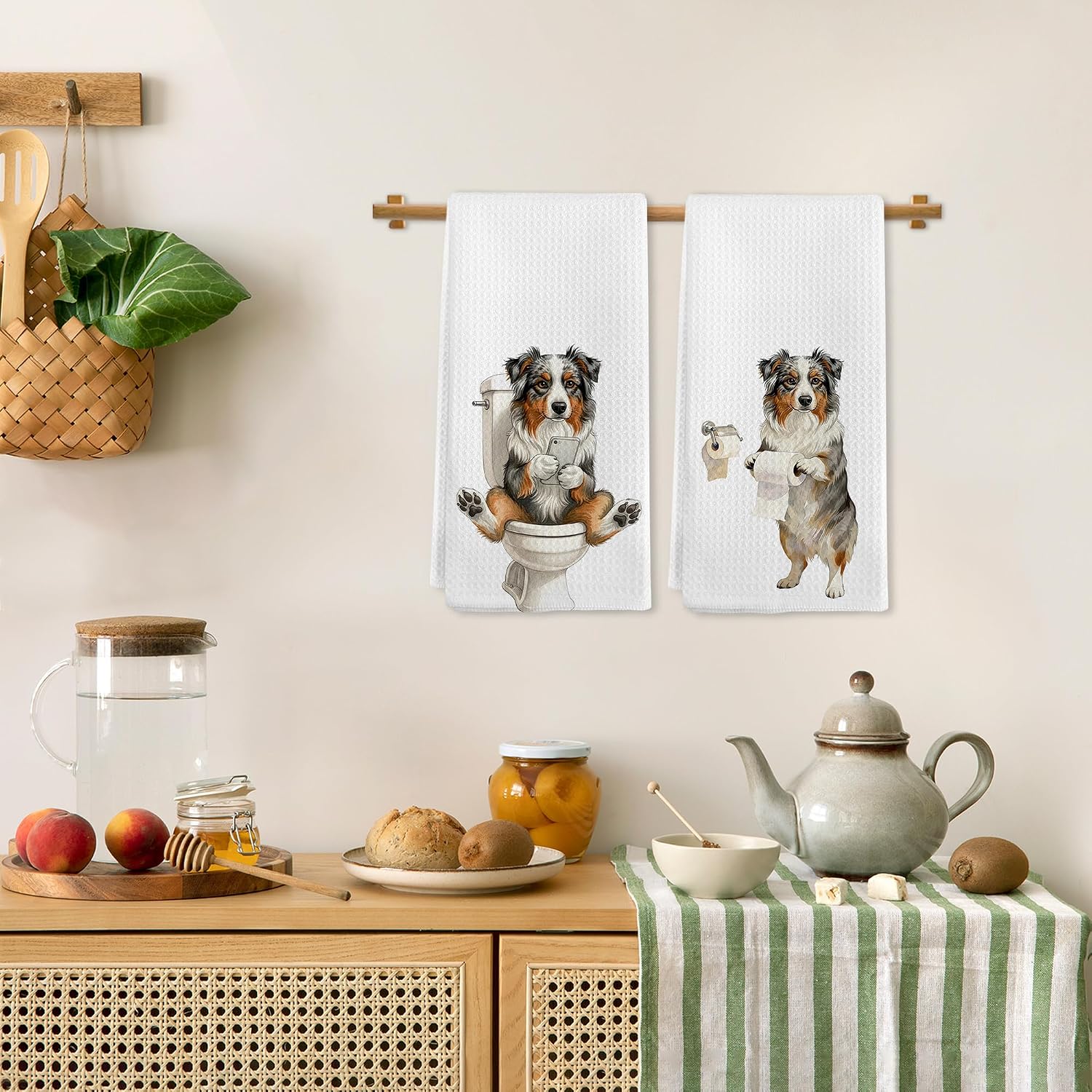 Funny Australian Shepherd Gifts Hand Towels Set of 2 for Bathroom, Dog Bathroom Decor, Australian Shepherd Dish Tea Towels, Dog Theme Hand Towel for Toilet Washroom Kitchen Decor, 16x24 Inch