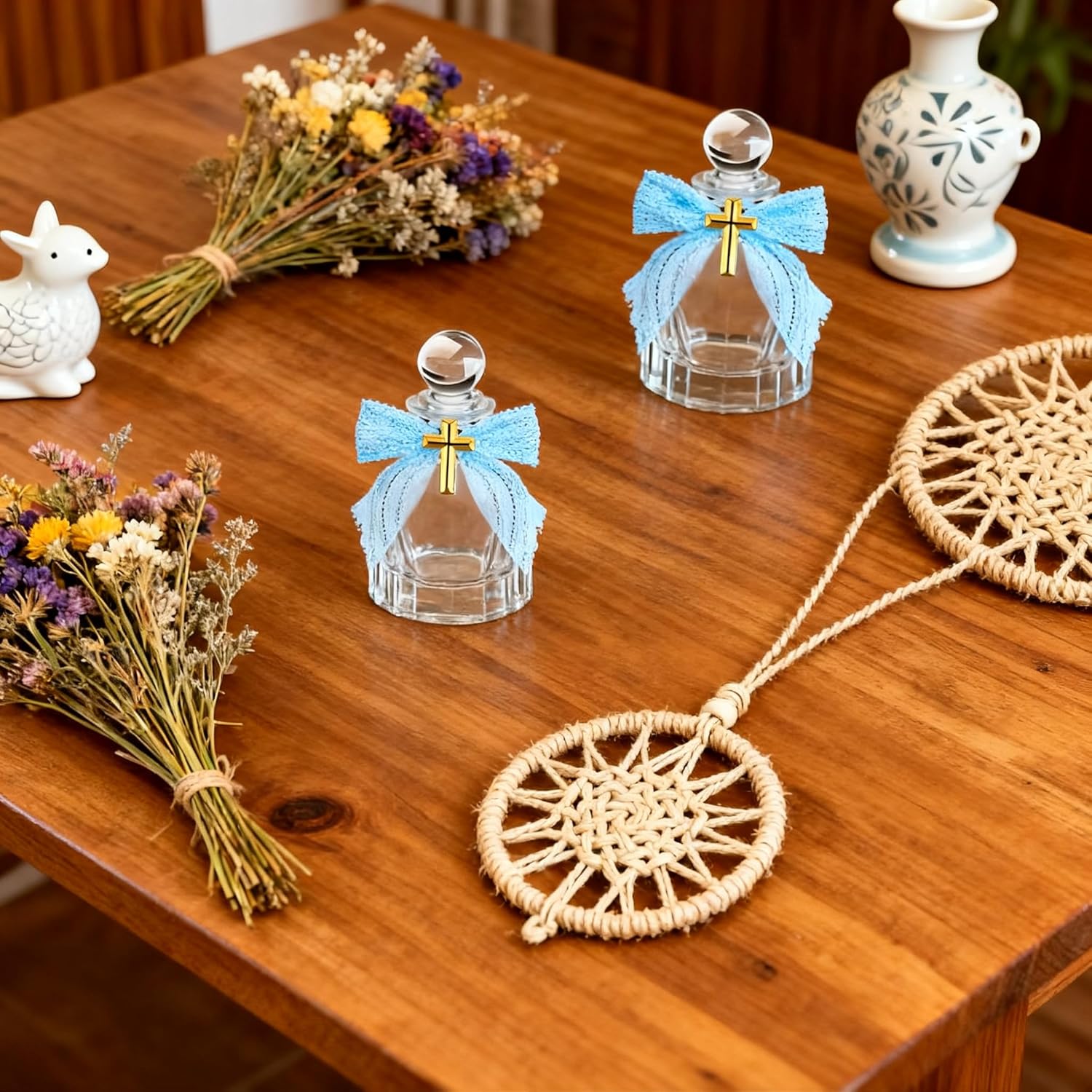 24 Sets Holy Water Bottles Catholic Bulk,50ml Clear Glass Containers with Cross Lapel Pin, Lace Bow, Organza Bags for Communion, Baptism, Wedding Favors (Blue)