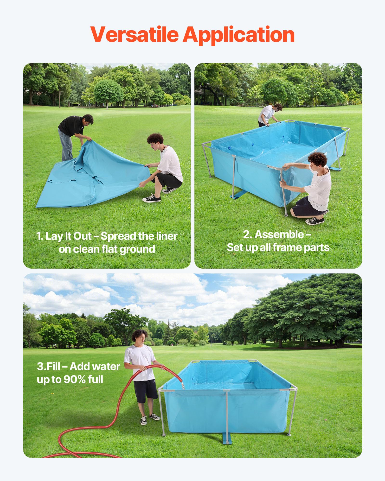 VEVOR Piscine Hors Sol à Cadre Métallique, 3 x 2 x 0,76 m, Grande Piscine Familiale Rectangulaire PVC, Structure Acier, Capacité Eau 3959 L, avec Système Drainage Débit Contrôlé, pour Extérieur, Bleu