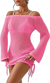 Women's Bathing Suit Beach Cover Up Crochet Knit Tops Mesh Hollow Out Dress Drawstring Without Sexy Bikini