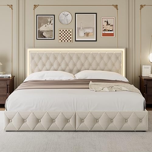 Miniatura 3 de Keyluv King Upholstered LED Bed Frame with 4 Drawers, Velvet Platform Storage Bed with Adjustable Button Tufted Headboard and Solid Wooden Slats