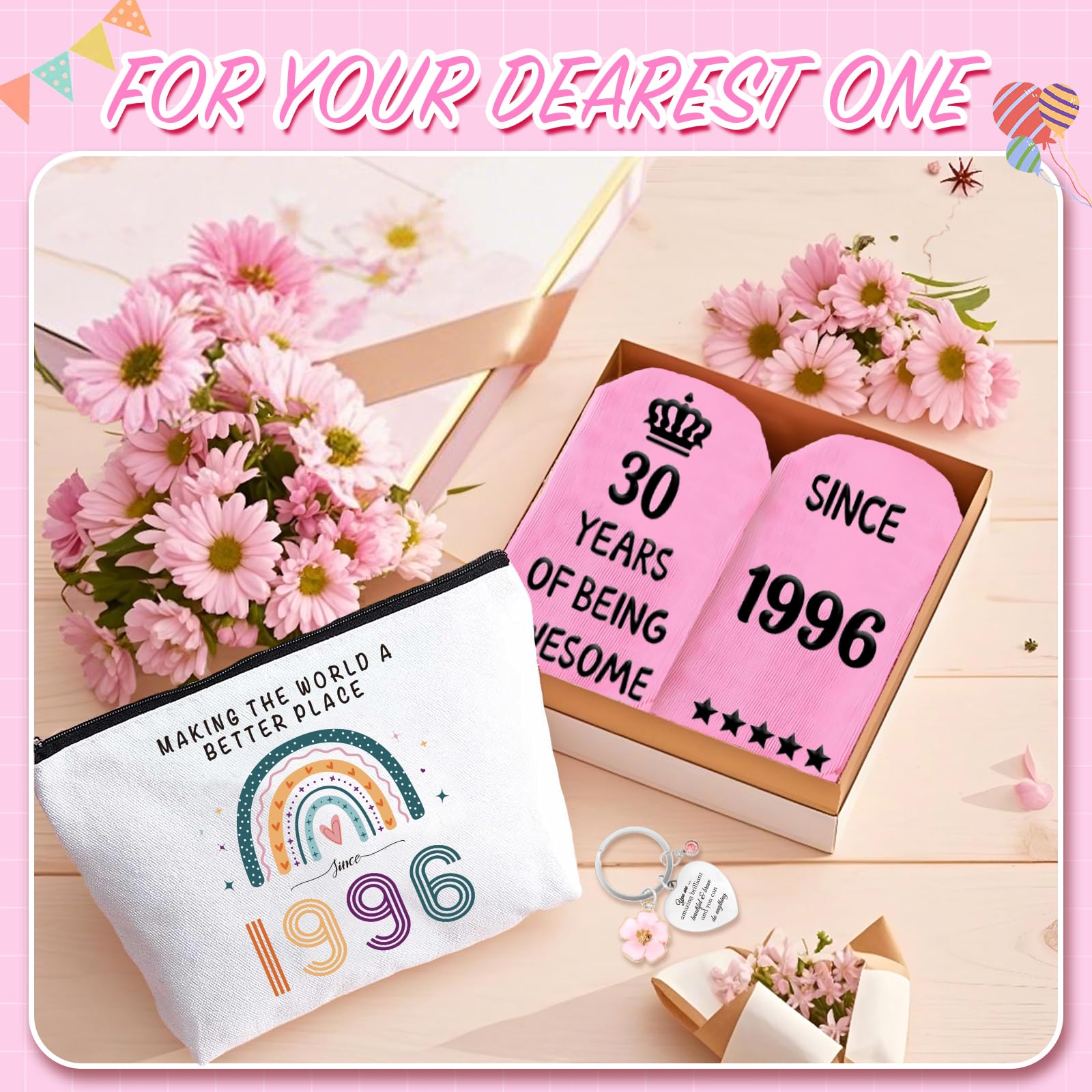 Funny 30th Birthday Gifts for Women – Retro Water-Resistant Makeup Bag, Personalized Socks & Inspirational Keychain, Cute 30th Birthday Gift Set for Bestie, Sister, Friend(1996) — view 7