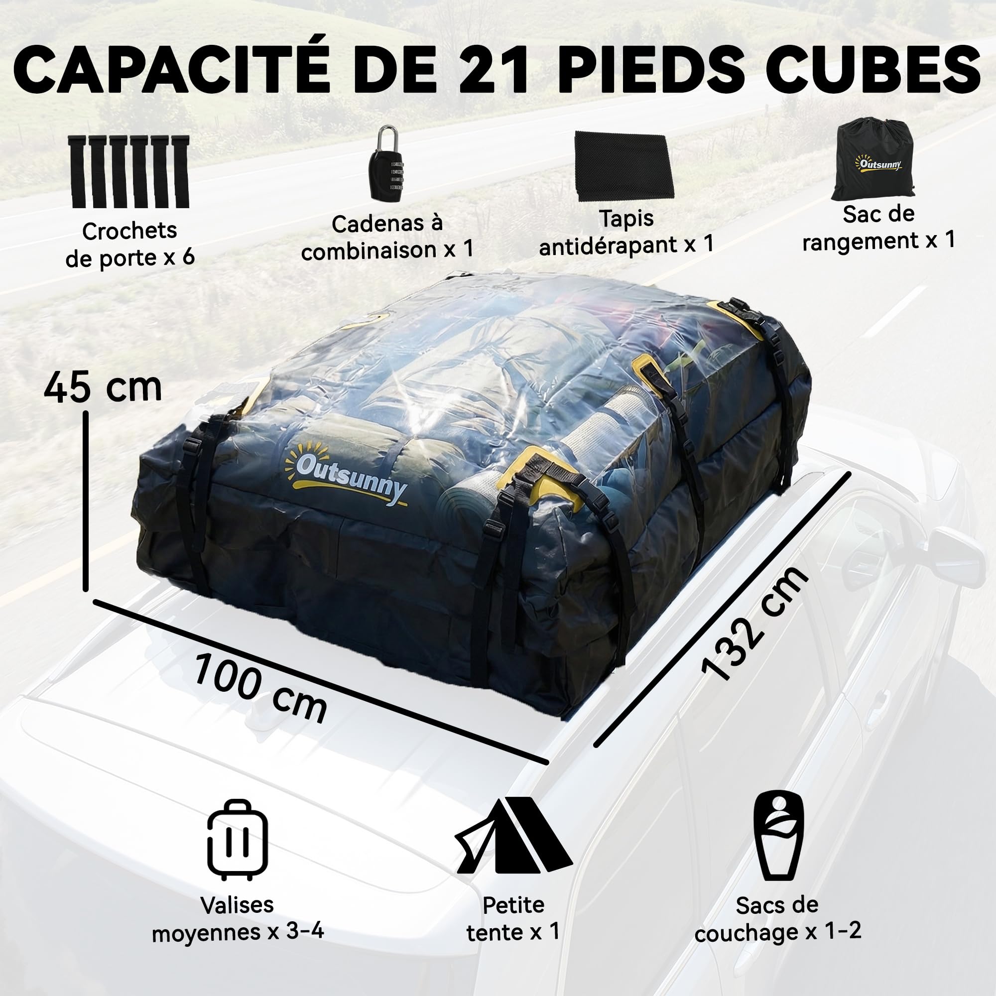 Outsunny Sac de Toit Voiture Étanche 21 Pieds Cubes Coffre de Toit Souple Universel - Grand Sac de Voyage avec 10 Sangles et Cadenas - Porte-Bagages de Toit pour Auto SUV et Camping en Famille, Noir