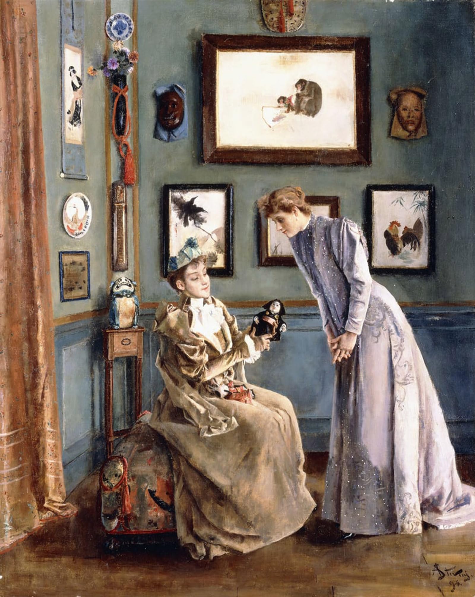 ARTXLXXBN Famous Painting Art Wall Decor Abstract Art Picture Women with a Japanese Doll by Alfred Emile Stevens Animal Pictures for Home Decor 60x90cm