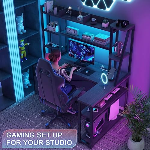 Miniatura 7 de Vabches Escritorio para computadora en forma de L de 64 pulgadas con luces LED y tomas de corriente, escritorio para juegos en forma de L con
