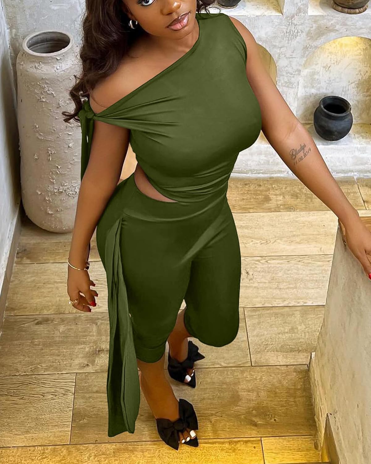 CXXQ Sexy 2 Piece Outfits Off Shoulder Self Tie Crop Tops and Capri Legging Set Tracksuits Clubwear - Image 4